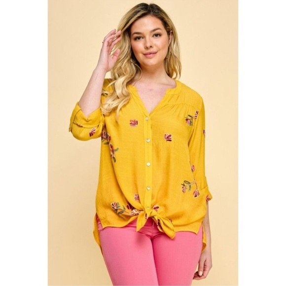 NWT Anthropologie Fig & Flower Yellow Floral Embroidered Button Up Size 2XL Top - Picture 2 of 15